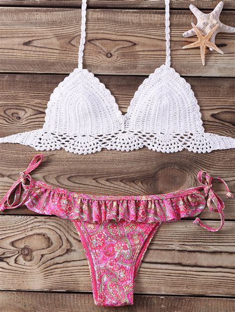 29 OFF Halter Tribal Print Lace Up Crochet Bikini Set Rosegal