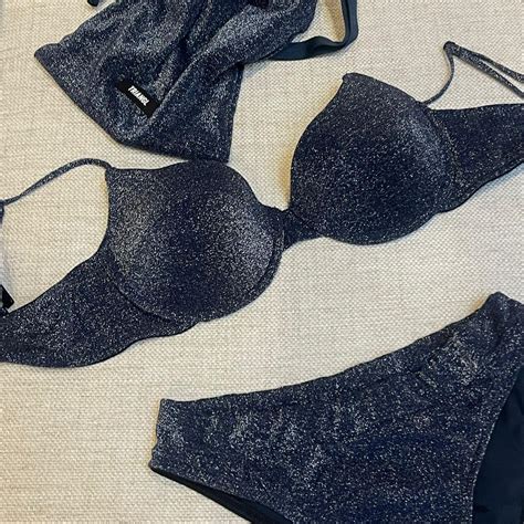 Navy Sparkly Triangl Bikini Hardly Worn Perfect Depop