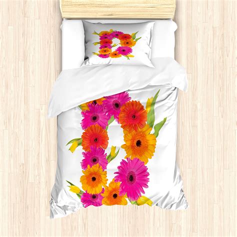 Ambesonne Flower Alphabet Duvet Cover Sets Letter D Floral Art 2 Twin Marigold Hot Pink And