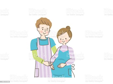 Pregnant Smiling Woman And Husband In Apron Stock Illustration