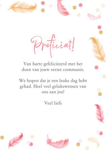 Felicitatiekaart Eerste Communie Veertjes Roze Kaartje Go