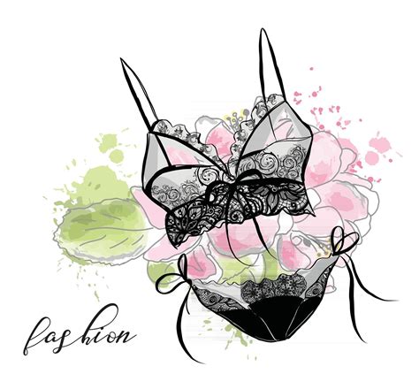 esboço de moda feminina renda sexy lingerie sutiã e calcinha fundo da flor Vetor no