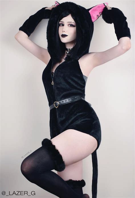 Moon Cat Sexy Lingerie Bodysuit Gothic Lingerie Outfit Black Plush Hooded Romper With Belt