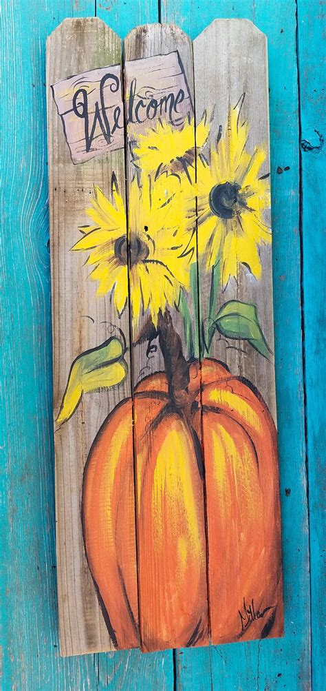 Pumpkin Sunflowers Welcome Wooden Fall Art on Reclaimed Wood - Etsy