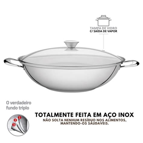 Panela Wok Tramontina Ventura em Aço Inox com Fundo Triplo Tampa de ...