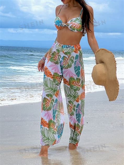 SHEIN VCAY 3 piezas Bañador bikini con estampado tropical corte alto con cover up Moda de