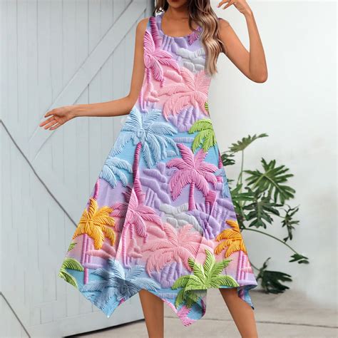 Purjkpu Summer Dresses For Women 2024 Sleeveless Crewneck Beach Dress Tropical Floral Print