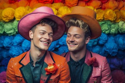 Premium Ai Image A Beautiful Happy Gay Couple With Rainbow Colors In A Flower Field Lgbtq