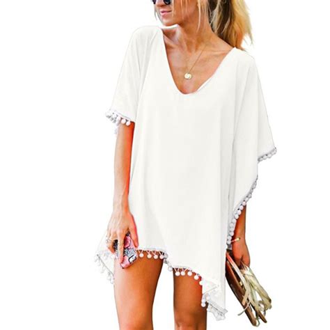 DondPO Swimsuit Coverup For Women Beach Cover Ups Chiffon Bikini Tassels Trim Cover Beach Tops