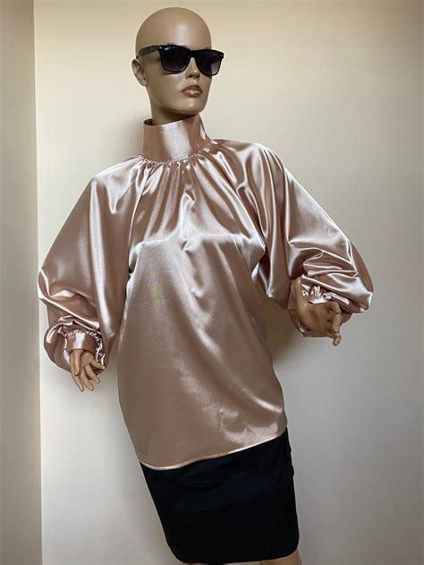 Rose Gold Satin Pussy Bow Blouse With Victorian Collar And Etsy