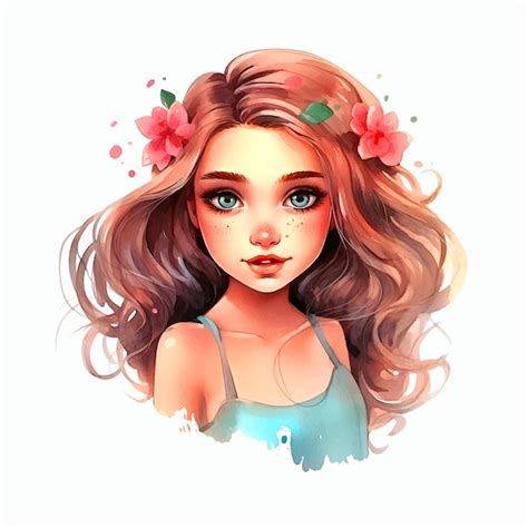 Ni A Con Flores En El Cabello Pintura De Acuarela Vector Premium