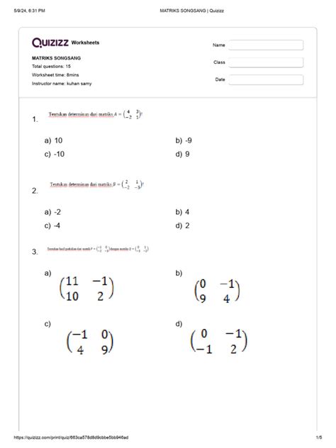 Matriks Songsang Quizizz Pdf