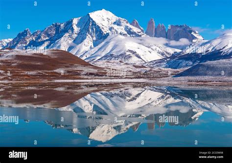 Torres del Paine Andes peaks reflection in winter, Torres del Paine ...