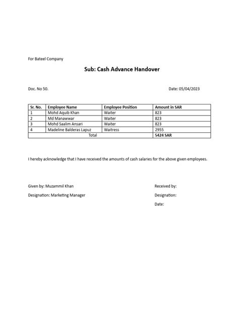 cash advance handover receipt