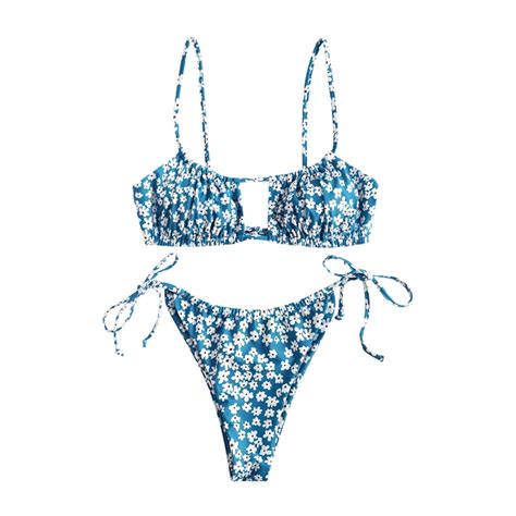 Zaful Womens Bikini Keyhole Tie Swimsuit Sexy High Cut String Ruched Spaghetti Strap Bathing