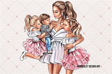 Moeder En Dochters Clipart Moeder Met 2 Meisjes En 1 Jongen Etsy