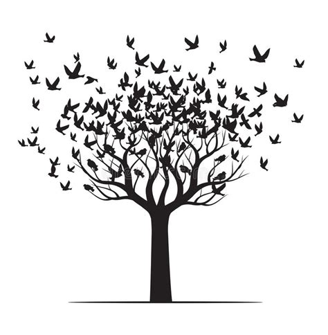 Winter Naked Tree And Black Birds Vector Outline Illustration Stock Vector Illustration Of