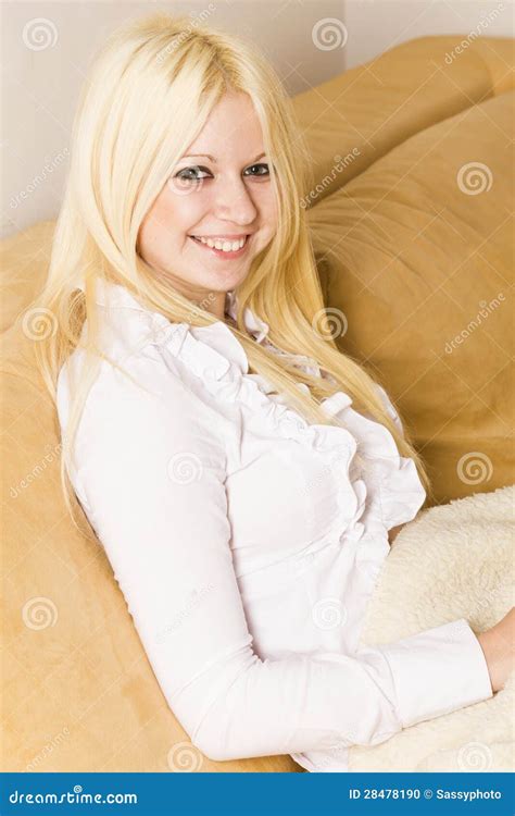 Beautiful Smiling Blonde Woman On The Bed Stock Photo Image Of Cute Attractive 28478190