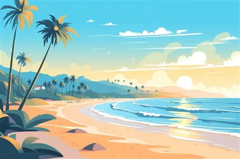 Una Pintura De Una Escena De Playa Con Palmeras Y El Oc Ano En El Fondo