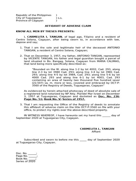 Affidavit Of Adverse Claim Pdf Civil Law Common Law