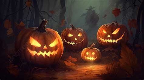 Four Halloween Jack O Lanterns By A Path Through The Woods Background