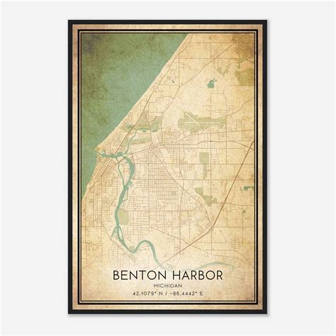 Vintage Benton Harbor Michigan Map Poster, Modern Home Decor Wall Art
