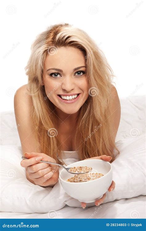 Beautiful Blonde Enjoying A Healthy Breakfast Stock Image Image Of Bedclothes Grain