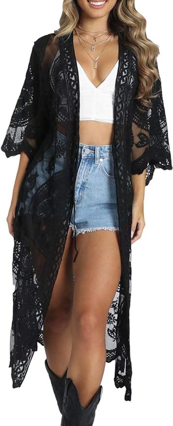 Bsubseach Women Black Mesh Cardigan Bikini Beach Kimono Open Front