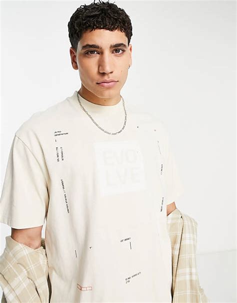 Topman Oversized T Shirt With Evolve Box Print In Ecru Asos