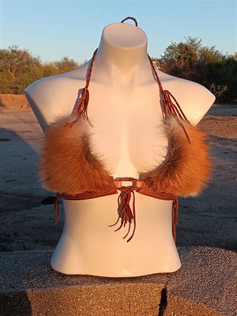 Custom Hand Tooled Leather Fox Fur Deerskin Leather Reversible Bikini Top For Festival Costume