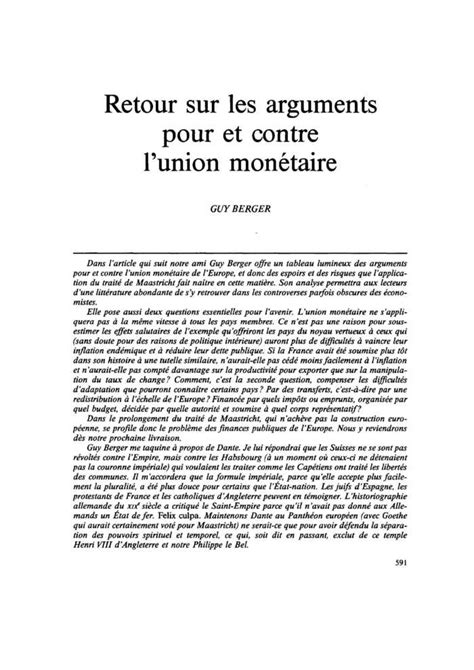 Retour Sur Les Arguments Pour Et Contre L Union Mon Taire Commentaire