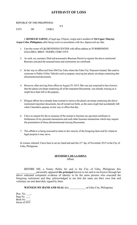 Affidavit of Loss for Business Documents - Cebu City - Studocu
