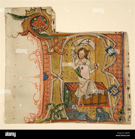 Manuscript Leaf Showing An Illuminated Initial R With The Resurrection