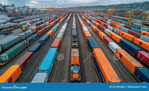 Rail Yard With Trains Carrying Freight Containers And Workers Loading