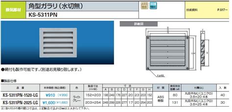 【楽天市場】キョーワナスタ 角型ガラリ(水切無) 152×203mm KS-5311PN-1520-LG ライトグレー：ケンチクボーイ