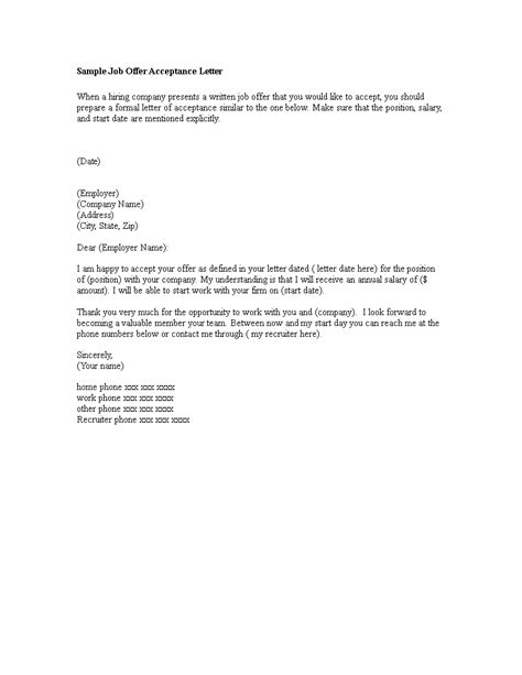sample   letter  job offer  acceptance templates