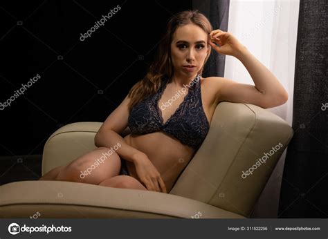 Brunette In Blue Gray Lingerie Stock Photo Disorderly