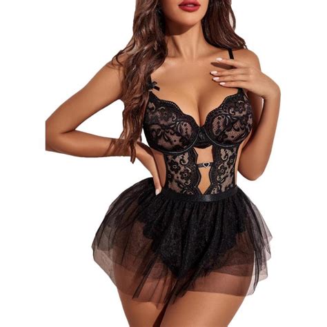 Avidlove Lingerie For Women Lace Bodysuit With Detachable Mesh Mini Skirt Push Up Teddy Lingerie
