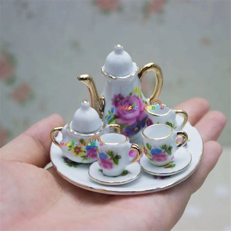 Dollhouse Miniatures Kitchen Coffee Tea Set Porcelain Dish Plate Pot