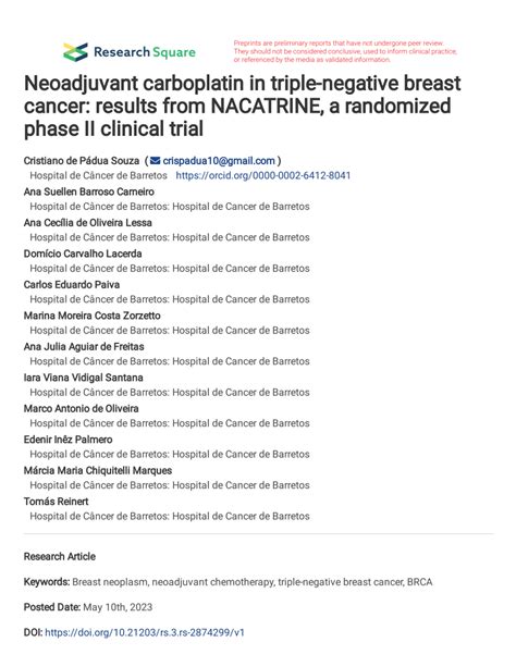 PDF Neoadjuvant Carboplatin In Triple Negative Breast Cancer Results