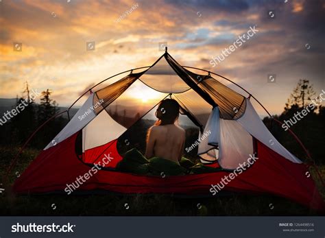 Naked Woman Sitting Tent Sleeping Bag Stock Photo 1264498516 Shutterstock