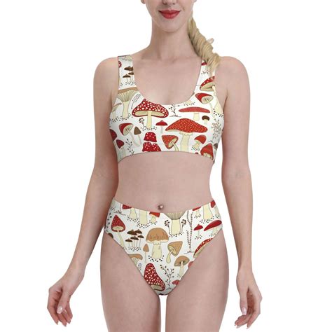 Daiia Cartoon Mushrooms Women S Bikini Swimsuit Two Piece Swimsuit High Waisted Slim Fit High