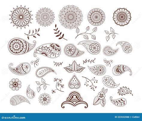 Henna Doodles Mehndi Tattoo Design Elements Set Cartoon Vector