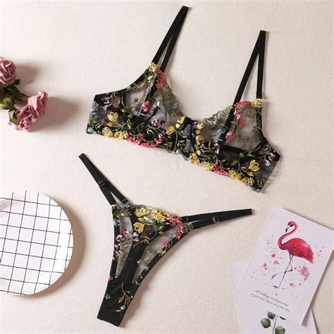 Floral Embroidery Lingerie Set Women Sheer Piece Boho Bra Panty Underwear Set Intimates