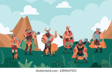 Scandinavian Landscape Norse Gods Cartoon Characters Stock Vector ...