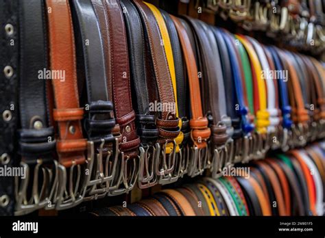 Colorful Leather Goods Selection Of Belts On Display At A Street Shop