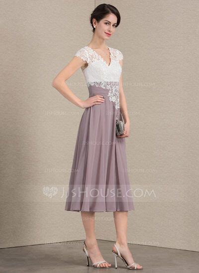 A Line V Neck Tea Length Chiffon Lace Mother Of The Bride Dress