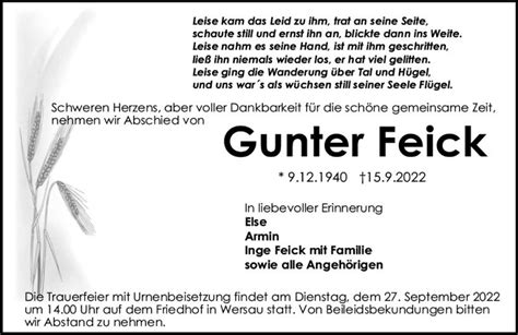 Traueranzeigen Von Gunter Feick Vrm Trauer De