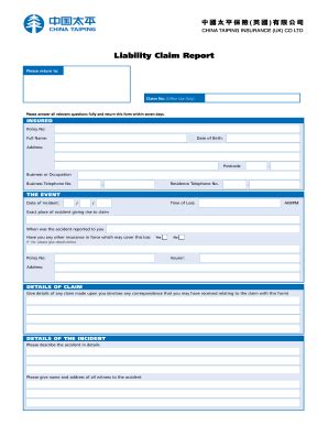 Fillable Online Liability Claim Form China Taiping Insurance UK Fax