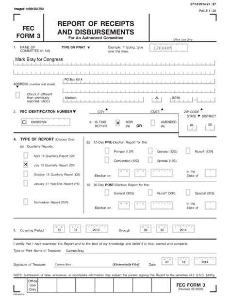 Fillable Online Docquery Fec Govpdf Report Of Receipts Fec And